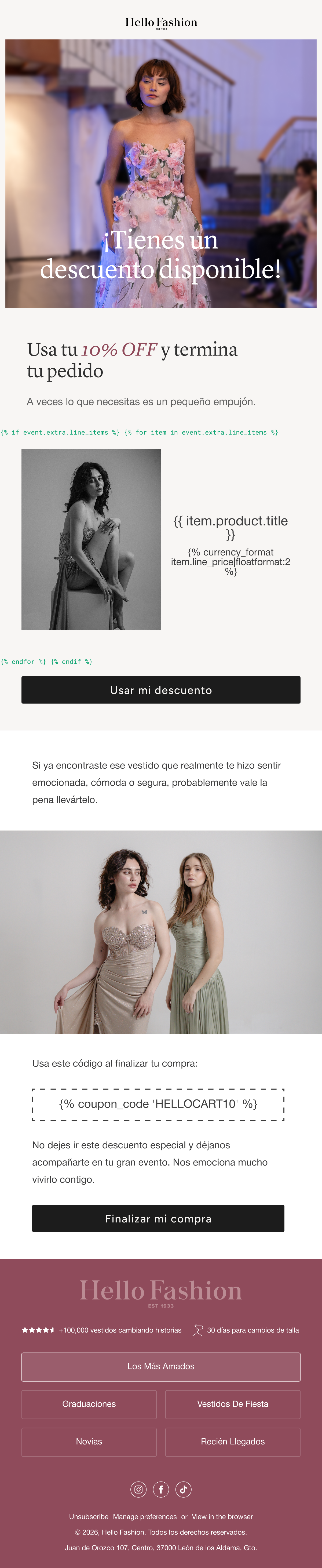 Hello Fashion abandoned checkout discount email
