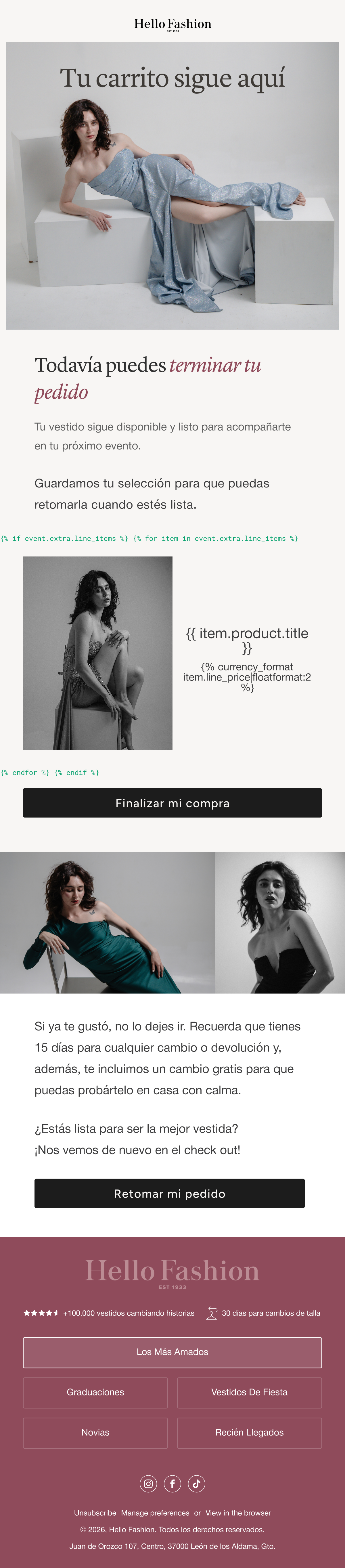Hello Fashion abandoned checkout reminder email