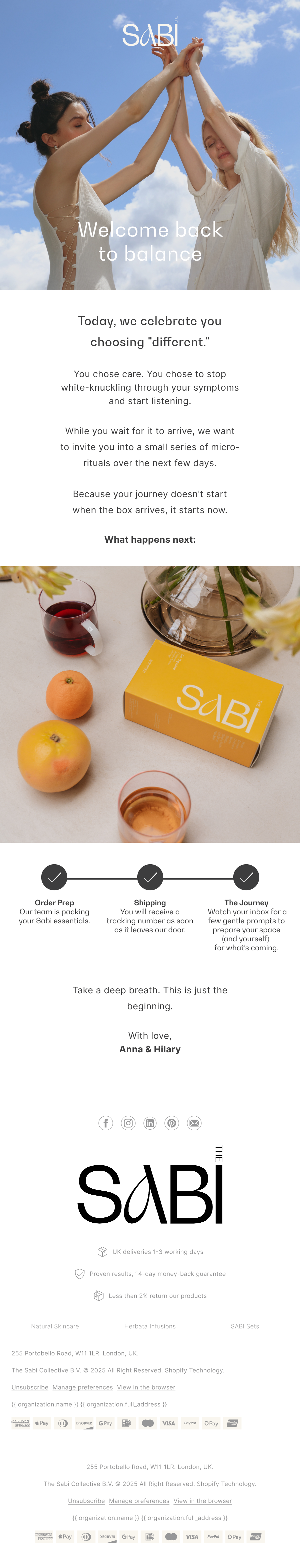 SABI welcome back to balance email